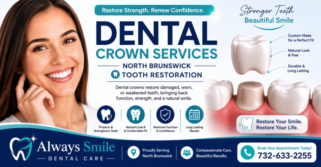 Dental crown services in North Brunswick featuring tooth restoration treatment, custom dental crowns, smile restoration, damaged tooth repair, and long-lasting dental care by Always Smile Dental Care.