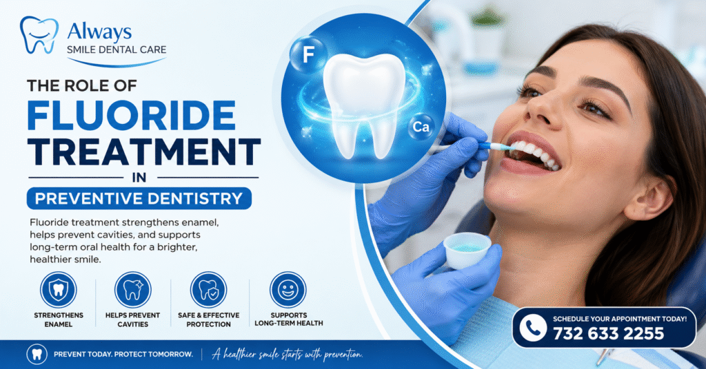 Patient receiving a fluoride treatment at Always Smile Dental Care, highlighting the role of fluoride in preventive dentistry for stronger enamel, cavity prevention, and long-term oral health.