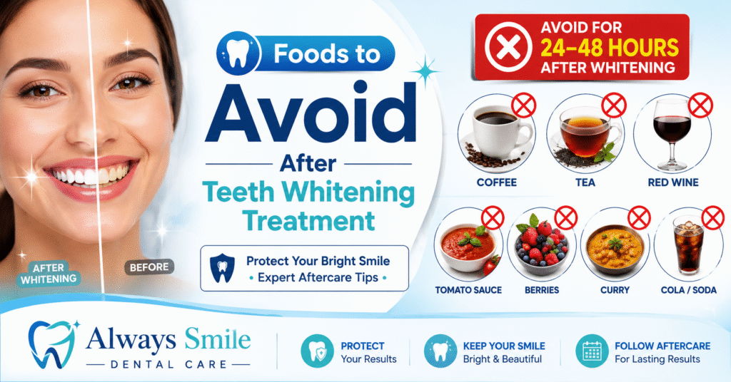 Featured dental care infographic showing a bright white smile after teeth whitening treatment alongside foods and drinks to avoid for 24–48 hours, including coffee, tea, red wine, tomato sauce, berries, curry, and soda. Designed by Always Smile Dental Care with expert aftercare guidance for maintaining whitening results