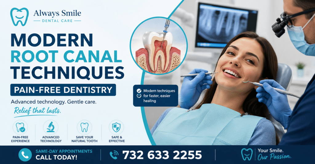 Modern Root Canal Techniques – Pain-Free Dentistry at Always Smile Dental Care featuring a smiling patient receiving advanced root canal treatment with state-of-the-art dental technology and expert care. Contact 732-633-2255.