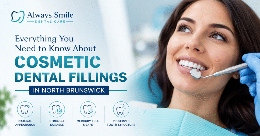 Smiling female patient receiving cosmetic dental fillings treatment at Always Smile Dental Care in North Brunswick, highlighting natural-looking, durable, mercury-free tooth-colored fillings for a healthier and more confident smile.