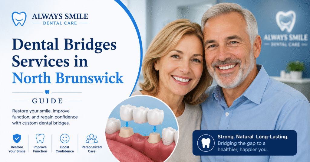 Professional banner for Always Smile Dental Care featuring a smiling middle-aged couple, a dental bridge illustration, and the headline "Dental Bridges Services in North Brunswick Guide." The image highlights the benefits of dental bridges, including restoring smiles, improving function, boosting confidence, and providing personalized care, with a clean blue-and-white dental clinic background.