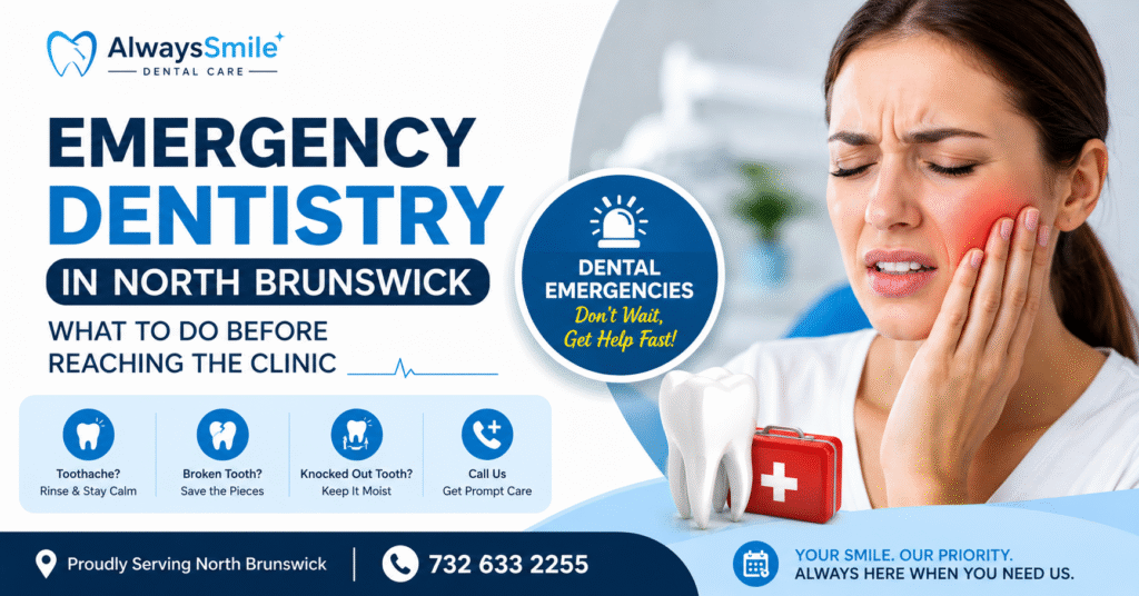 Emergency dentistry in North Brunswick showing a patient with severe tooth pain and first-aid tips before reaching Always Smile Dental Care for emergency dental treatment.