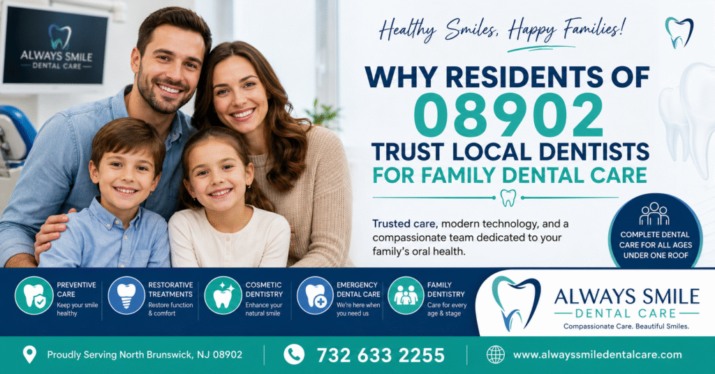 Happy family with their trusted Dentist 08902 at Always Smile Dental Care in North Brunswick, NJ, providing comprehensive family dental care, preventive dentistry, cosmetic dentistry, restorative treatments, and emergency dental services.