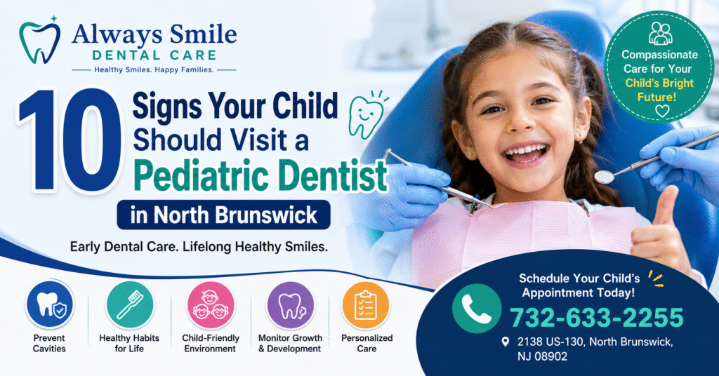 Smiling child during a dental checkup at Always Smile Dental Care with the title 10 Signs Your Child Should Visit a Pediatric Dentist in North Brunswick.