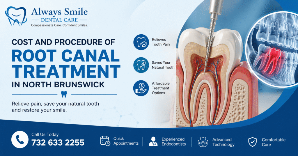 Dentist performing a root canal treatment on a tooth with the title "Cost and Procedure of Root Canal Treatment in North Brunswick" and contact number 732 633 2255.