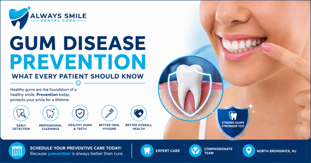 Patient smiling with healthy gums highlighting gum disease prevention and Preventive Dentistry In North Brunswick at Always Smile Dental Care.